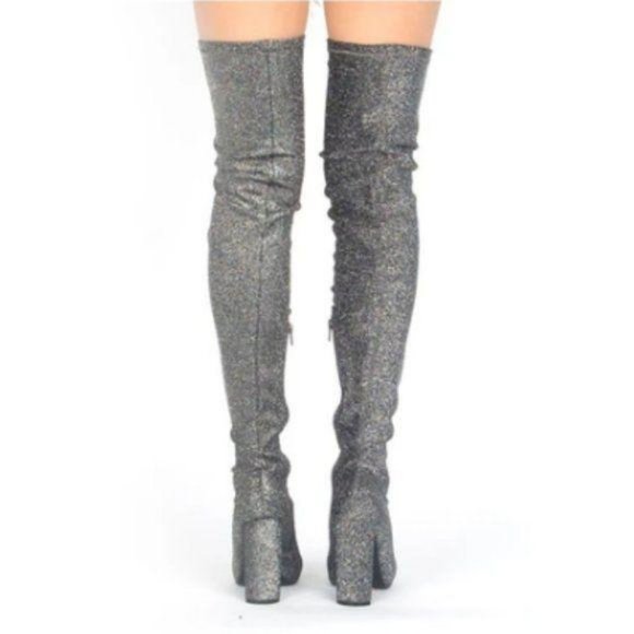 Stretch Thigh Hi Chunky Heel Boots in Pewter - Picture 4 of 5